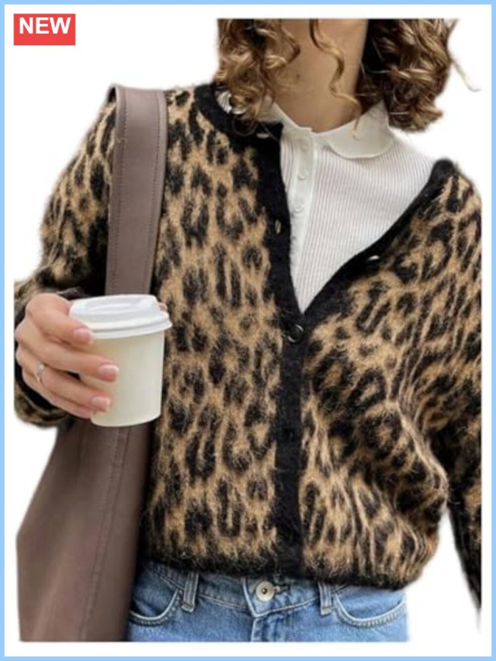 Leopard Cardigan Sweater Button Down Long Sleeve Knit Fuzzy Top
